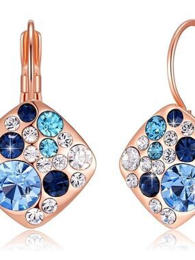 Multicolored Austrian Crystal Square Drop Leverback Huggie Earrings